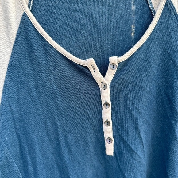 Free People We The Free Waffle Knit Sleeve Mixed Media Henley Style Raw Edge Top - Picture 4 of 8